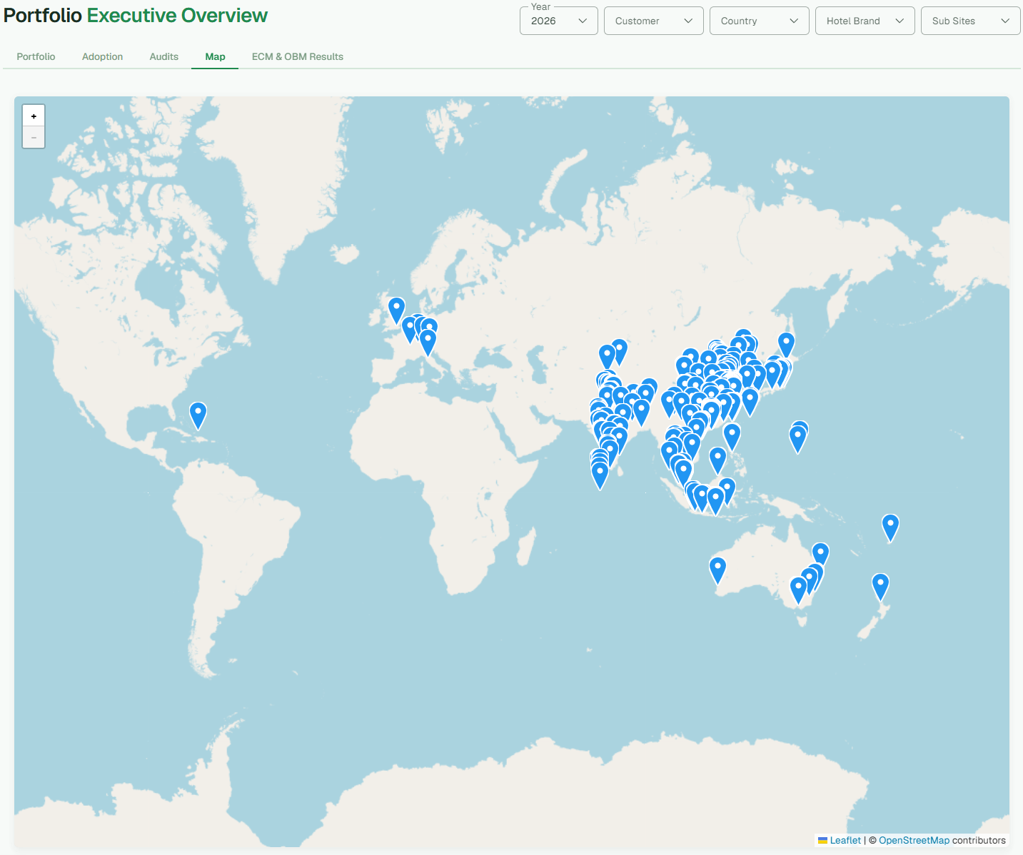 RizaOne portfolio map showing connected buildings across Asia Pacific, Europe and Oceania